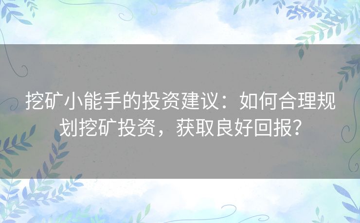 挖矿小能手的投资建议：如何合理规划挖矿投资，获取良好回报？