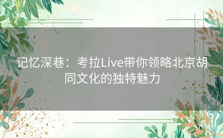 记忆深巷：考拉Live带你领略北京胡同文化的独特魅力